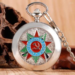 Zakhorloges Mode Zilver Skeleton Insignia Comunista Mechanisch Horloge Sovjet-sikkelhamer Case Design Fob met ketting