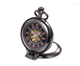 Relojes de bolsillo Moda Acero de tungsteno Negro Mecánico Cuerda a mano Reloj Fob Casual Vintage para hombres y mujeres