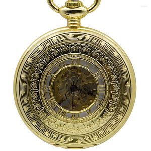 Montres de poche pour hommes et femmes, montre dorée entière, analogique noire, mécanique, collier de luxe, pendentif, cadeau