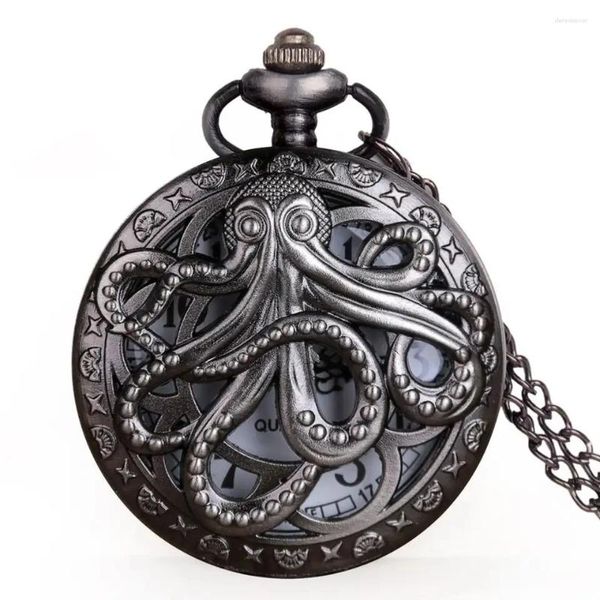 Relojes de bolsillo FashionBay Vintage Octopus Black Hollow Half Quartz Watch Steampunk con cadena de collar