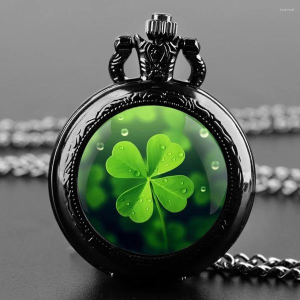 Montres de poche trèfle à quatre feuilles Irlande dôme en verre montre à quartz vintage hommes femmes pendentif collier chaîne horloge bijoux chanceux Talisman