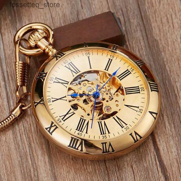 Relojes de bolsillo Cobre completo Automático Mecánico Bolsillo es Hombres Mujeres Esqueleto de oro Steampunk Auto-bobinado Fob Cadena Colgante Reloj L240322