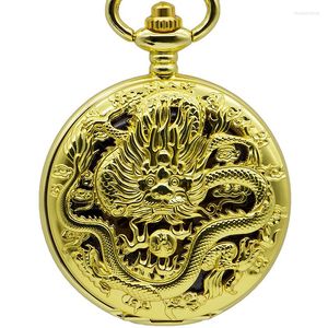 Pocket horloges Full Gold Vintage Women Mechanical Watch met FOB Chain Dragon Hand wurkende hangklok Men unisex PJX1381