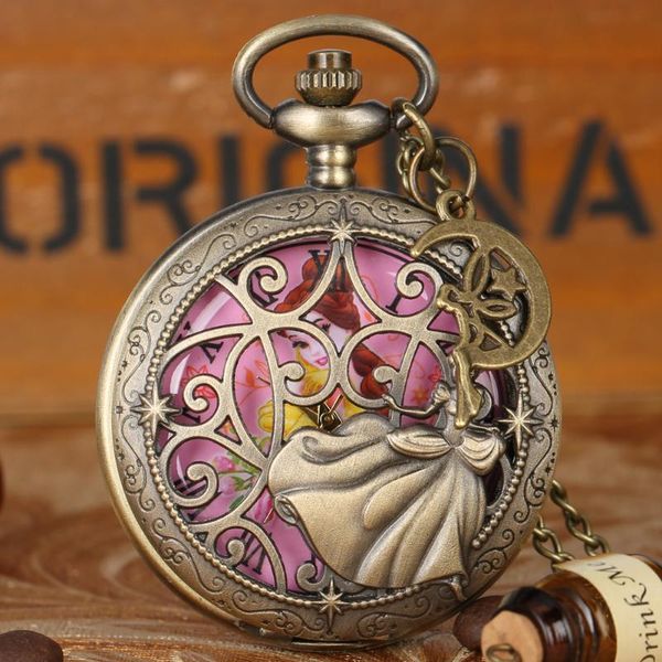 Relojes de bolsillo Reloj de niña Cuarzo Rosa Hada pequeña Esfera Cadena delgada Colgante Cubierta hueca Con accesorios de ángel Reloj hermoso