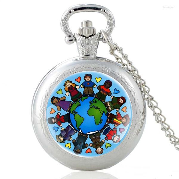 Relojes de bolsillo Paz global Personas tomados de la mano Diseño Plata Reloj de cuarzo vintage Hombres Mujeres Collar con colgante único Horas Reloj Regalos