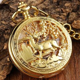 Relojes de bolsillo Reloj mecánico de ciervo dorado Astilla dorada Bronce Cabra Esqueleto 3D Cadena hueca Caja de regalo Montre De Poche para hombres y mujeres