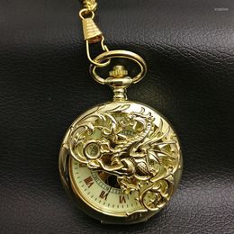 Pocket Watches Gold Dragon Mechanical Watch Men Skeleton Steampunk Fob Romeinse man vader Gift Vintage Retro Hand Wind