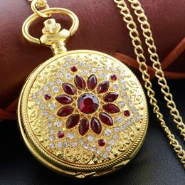 Relojes de bolsillo de oro de lujo reloj de rubí collar colgante digital reloj de cadena escultura de moda para mujer regalo para hombre 231216