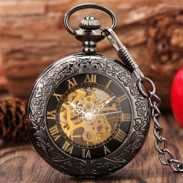 Montres De Poche Or Chiffres Romains Affichage Couvercle En Verre Transparent Montre Mécanique Antique Pendentif Horloge Avec Chaîne Fob Noire De 30 CM