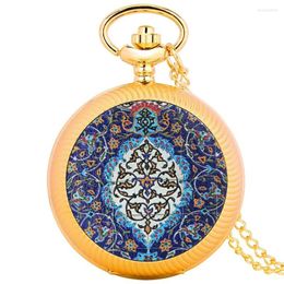 Montres de poche Coquille d'or Fleur bleue Couleur Design Platine Montre Temps de courir Collier porte-bonheur Pendentif rotatif 80 cm Chaîne Bijoux Horloge