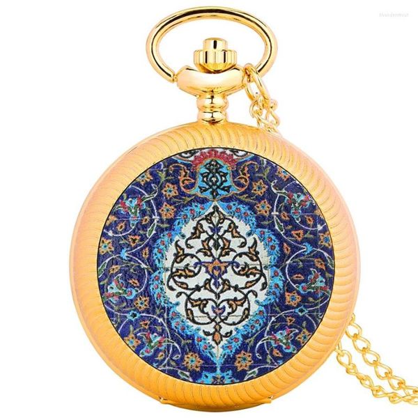 Relojes de bolsillo Concha dorada Diseño de color de flor azul Reloj giratorio Tiempo para correr Collar de la suerte Colgante giratorio Reloj de joyería de cadena de 80 cm