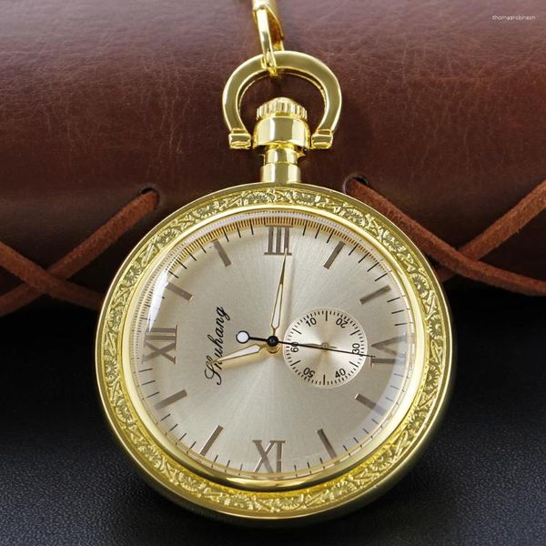 Relojes de bolsillo con esfera pequeña dorada, cuerda manual, reloj totalmente de acero, esqueleto único a la moda, cadena mecánica transparente, regalo