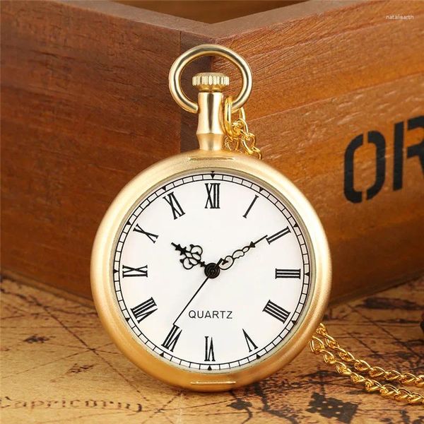 Montres de poche Golden Open Face Clock Numéro romain Affichage Hommes Femmes Classique Quartz Analogique Montre Collier Pendentif Chaîne Antique Reloj