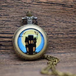 Pocket horloges Halloween City Building Patroon Quartz Watch kettingketen Hangschade geschenken