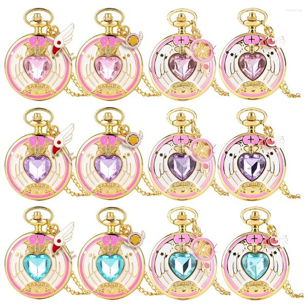 Relojes de bolsillo en forma de corazón, collar de cuarzo dorado con piedra rosa/morada/azul, regalo para chica estudiante de Anime, reloj con colgante elegante