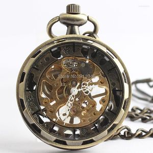 Relojes de bolsillo Reloj mecánico ahuecado de bronce antiguo de alta calidad con cadena Esqueleto para hombres al por mayor