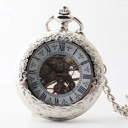 Relojes de bolsillo de alta calidad Steampunk Silver Mechanical Watch Vintage Automático Auto-viento Hombres Regalo con cadena