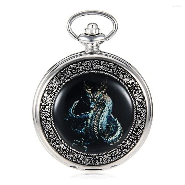 Relojes de bolsillo de alta calidad steampunk plateado dragon mecánico reloj vintage dial roman dial regalo con cadena