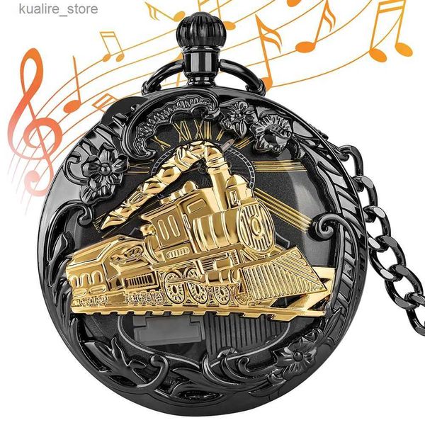 Pocket Watches Hollow Many Music Quartz Plays Plays Music Focus Chain Clock Motorcycle Collection Mejor regalo para hombres L240402