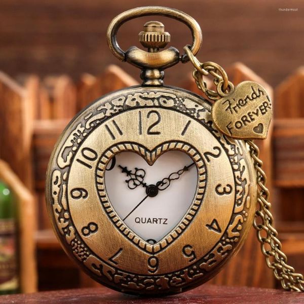 Relojes de bolsillo con forma de corazón hueco, reloj de cuarzo con pantalla de números árabes, collar de bronce para niña y mujer, reloj con medio colgante