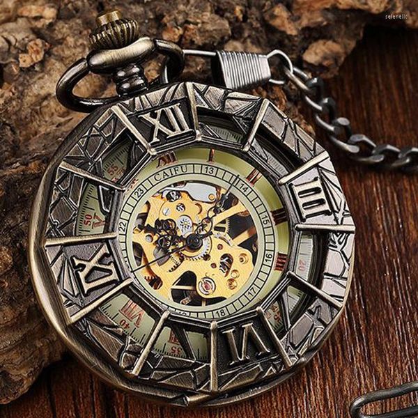 Relojes de bolsillo con números romanos huecos, reloj mecánico con araña antigua grabada, collar Steampunk, Fob, colgante Vintage Unisex para hombre