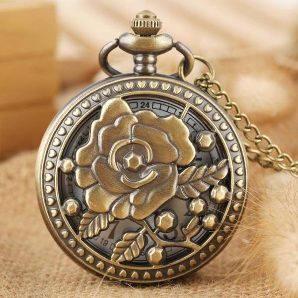 Montres de poche en Bronze avec fleur de Rose creuse, avec collier, cadeau pour femmes et hommes, pendentif de Style Antique, horloge à Quartz demi-montre