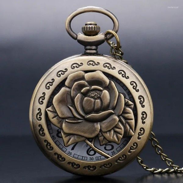 Montres de poche creuses Vintage en Bronze Rose, à Quartz, affichage de collier, pendentif, horloge, Collections cadeaux