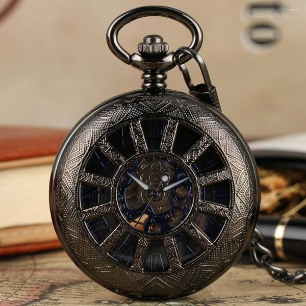 Montres de poche Conception de moyeu de roue creuse Mécanique Hommes Montre Élégant Bleu Chiffres Romains Cadran Steampunk Rétro Noir Antique Montre