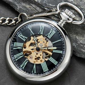 Pocket Montres Hot Vente Antique Smooth Silver Skeleton Transparent Poche mécanique pour hommes Fob Chain Hand Winding Reloj de Bolsillo L240402