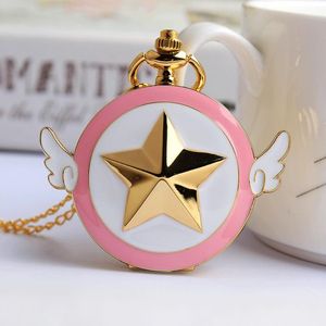 Pocket Montres Japon Anime Cardcaptor Sakura Golden Watch Collier Star Wings Pendants Chain Clock Women Girls Gift 220E
