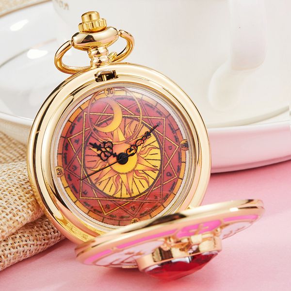 Relojes de bolsillo Japón Anime reloj de bolsillo dorado collar estrella gema rosa colgante cadena reloj mujeres reloj mágico niñas regalo 230619