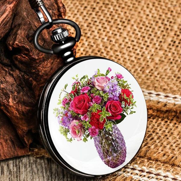 Relojes de bolsillo Reloj de señora Floreros de flores blancas puras Cadena de cuarzo Durable Esfera digital Reloj colgante Regalo de cumpleaños