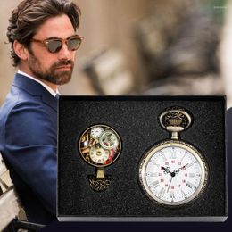 Montres de poche grand cadran blanc montre rétro double affichage des chiffres mouvement à quartz pendentif horloge modèle d'engrenage collier chaîne cadeau Relgio