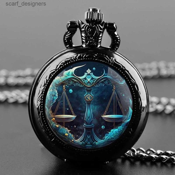 Montres de poche Balance Star Sign Design Glass Dome Retro Quartz Pocket Mens Pendant Collier Chaîne de charme Bijoux Corloge Y240410