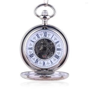 Montres de Poche Lot Argent Pendentif Mécanique Montre Double Ouvert Avec Chaîne Métallique Steampunk Chiffre Romain Unisexe