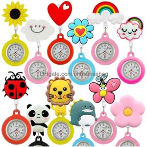 Montres de poche Belle dessin animé Animaux rétractables Love Heart Rainbow Sunflower Nurse Doctor Hospital Clips Hang Quartz Clock Drop Deli Oti8r