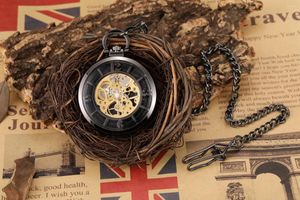 Montres de poche montre noire de luxe Vintage main-vent mécanique Steampunk hommes chiffres romains horloge avec chaîne Fob Reloj Hombre