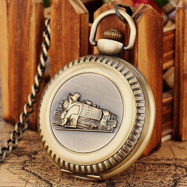 Montres de poche de luxe en Bronze Locomotive Train montre à Quartz avec chaîne Steampunk charme Antique Fob horloge montre cadeaux mâle complet