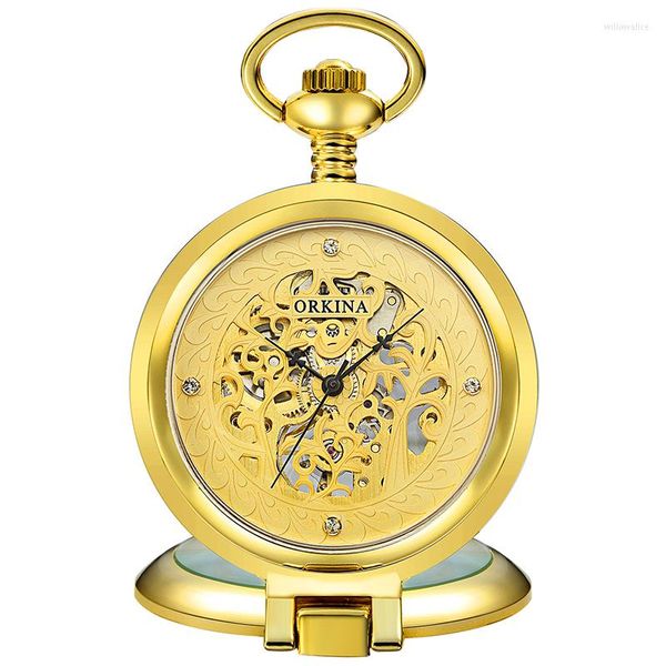 Relojes de bolsillo Reloj mecánico de lujo de color dorado para hombres Mujeres Steampunk Skeleton Hollow Fob Chain Pendant Golden Roman Montre De Poche