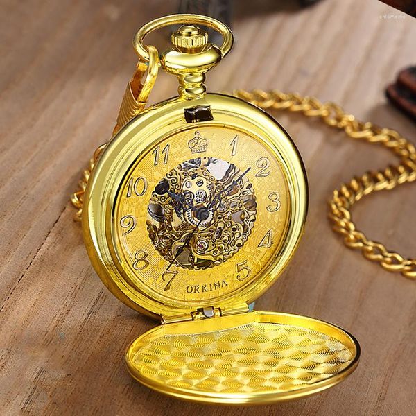 Montres De Poche De Luxe Or Couleur Montre Mécanique Pour Hommes Femmes Steampunk Squelette Fob Chaîne Pendentif Reloj Doré Romain Montre De Poche