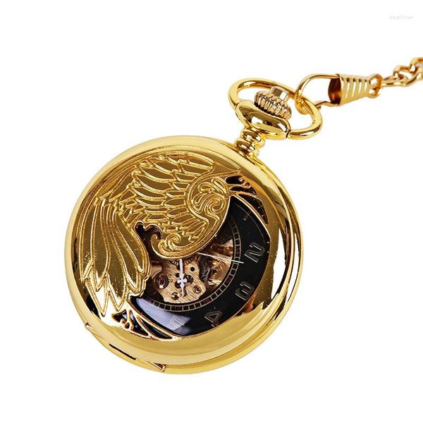 Relojes de bolsillo Reloj mecánico de águila dorada de lujo para hombres y mujeres Caja de pájaro esqueleto hueco Número romano Dial Hombre Fob Cadena Reloj colgante