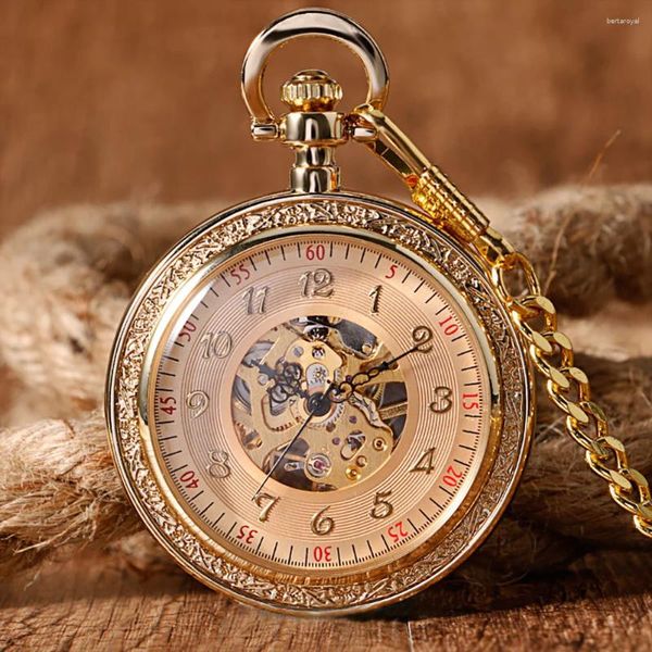 Montres de poche de luxe en or pour hommes, remontage manuel, mécanique, visage ouvert, chiffres arabes, cadran, pendentif Antique, chaîne d'horloge