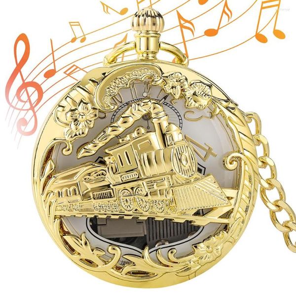 Montres de poche de luxe en or, pendentif de musique, couverture de Train ajourée, mouvement Musical, numéro romain, cadran, horloge, cadeau