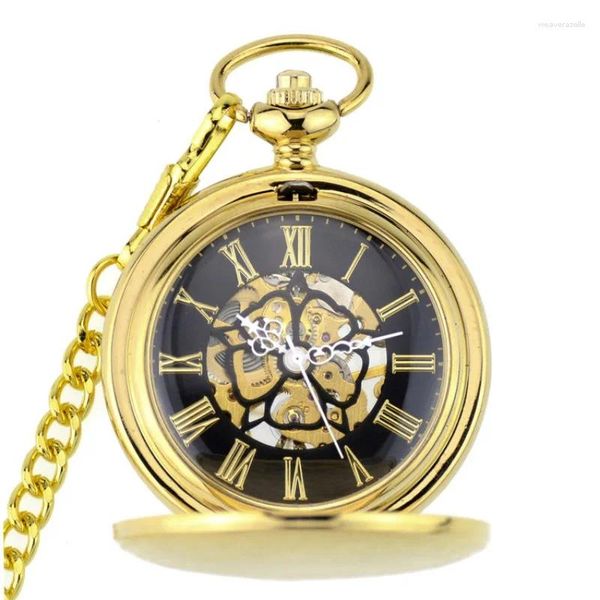 Montres de poche de luxe boîtier doré style vintage Steampunk cadran noir numéro romain montre à mouvement mécanique à remontage manuel pour hommes avec chaîne