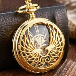 Pocket Watches Luxe Golden Love Wings Mechanical Watch Men Women Fob Chain Unieke holle ontwerp Skelet Dubbele zijde Wind