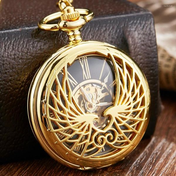 Montres de poche Luxe Golden Love Wings Montre Mécanique Hommes Femmes Fob Chaîne Unique Conception Creuse Squelette Double Côté Main Vent