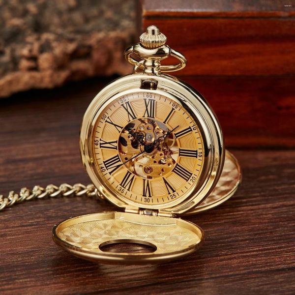 Montres de poche Montre mécanique dorée de luxe pour hommes femmes lisse Vintage chiffre romain cadran homme Fob chaîne pendentif horloge Collection