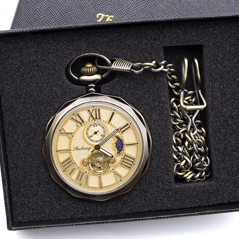 Pocket Watches Luxury High Quality Golden Moon Phase Mechanical Watch Roman Number Tourbillon Dial Pendant Chain Men Women PJX1398Pocket