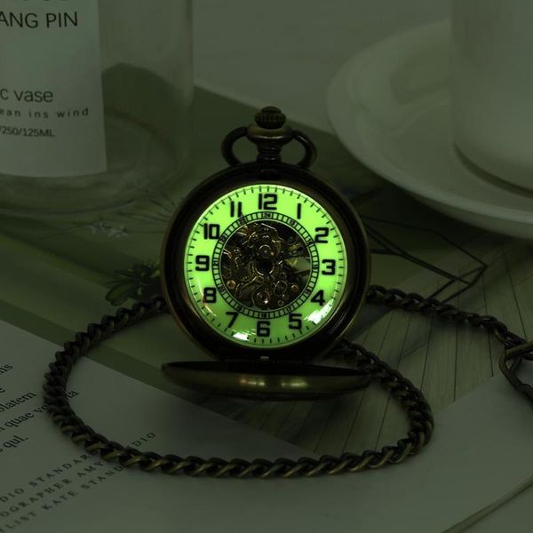 Montres de poche montre mécanique lumineuse de luxe roue creuse en Bronze à remontage manuel chaîne suspendue Steampunk Antique cadeaux poche