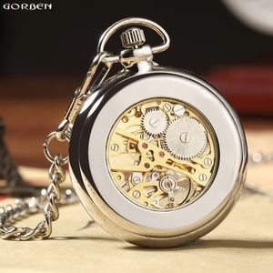 Zakhorloges Luxe zilveren skelet mechanisch herenzakhorloge met FOB-ketting Glad stalen metalen klok Handopwindbare dokter hangende horloges 230830